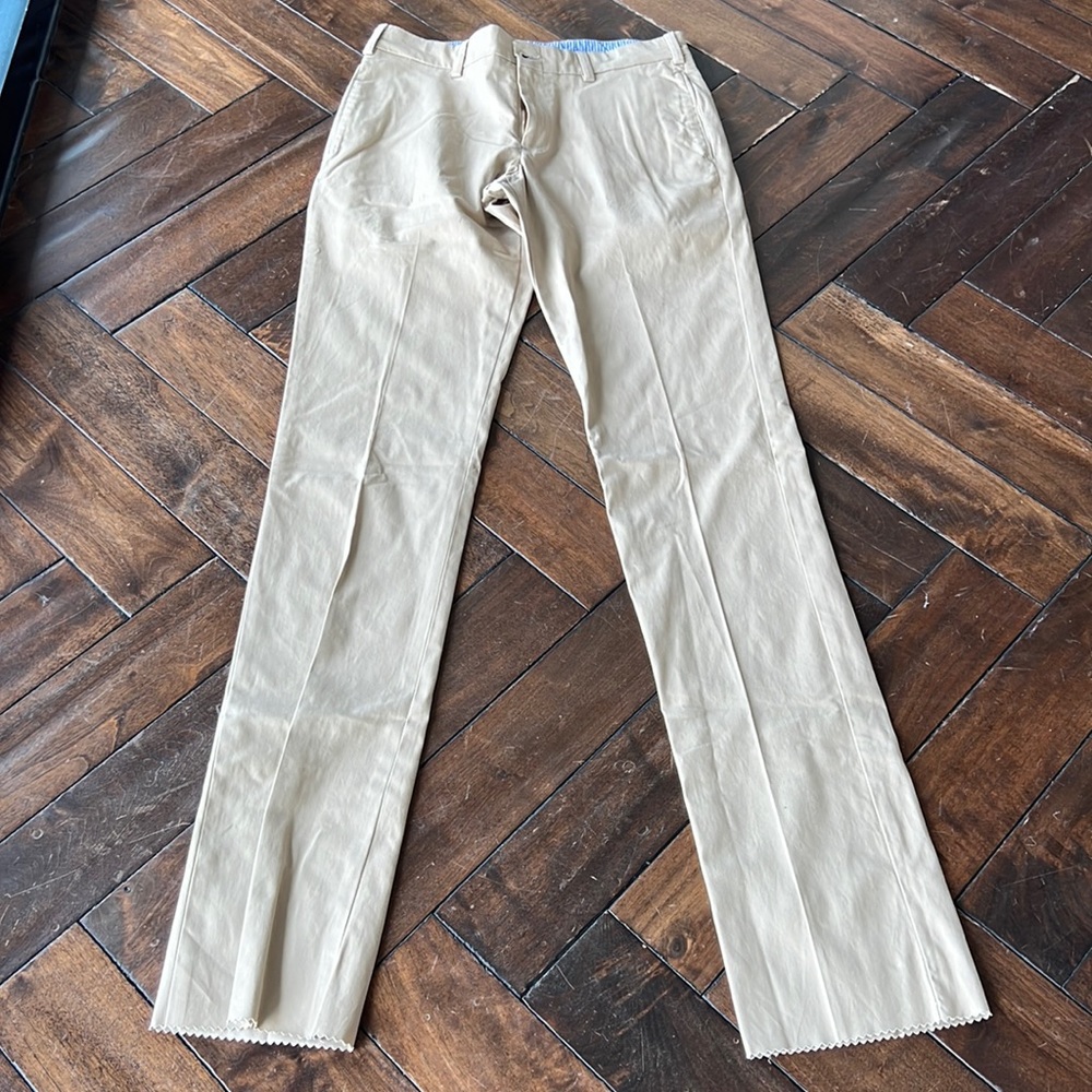 Frank’s plain fronts size 32 extra long inseam trim fit khaki unhemmed chinos